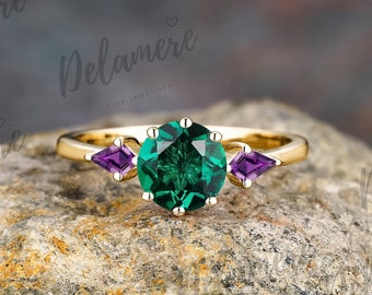 Groene smaragd verlovingsring 14k massief geel gouden ring Amethist ring trouwring verjaardag geschenken drie stenen belofte ring voor vrouwen