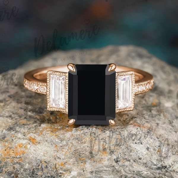 Bague de fiançailles en onyx noir naturel taille émeraude Bagues en or massif 14 carats avec pierres précieuses pour femme Bague trois pierres Moissanite Bague d'anniversaire de mariée