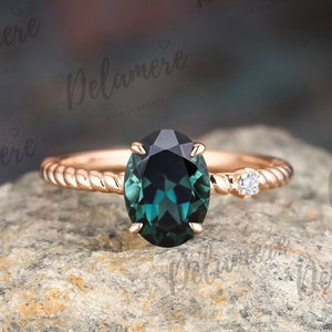 Vintage Natural Teal Sapphire Engagement Ring Solid Rose Gold Ring Moissanite Cluster Ring Gemstone Handmade Ring Anniversary Gifts For Her