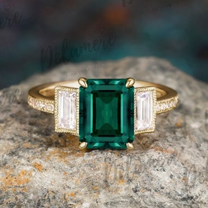 Emerald Cut Green Emerald Engagement Ring Vintage 14k Solid Gold Gemstone Ring Moissanite Three Stone Ring Bridal Anniversary Ring For Women