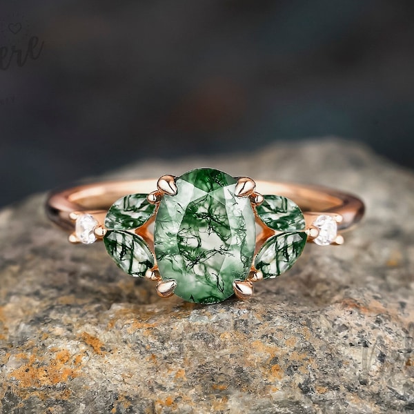 Oval Natura Moss Agate Engagement Ring Cluster Ring Solid 14K Rose Gold Unique Wedding Ring for Women Art Deco Anniversary Ring for Her Gift