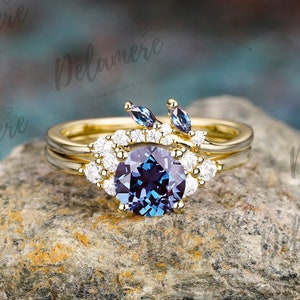 Round Shape Alexandrite Bridal Set Engagement Ring Set 14k Solid Yellow Gold Ring Moissanite Bridal Ring Set Anniversary Gift Wedding Band