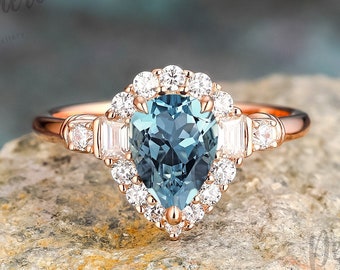 Pear shaped Natural Aquamarine engagement ring Unique Rose gold cluster ring Vintage moissanite ring Bridal anniversary gift for women