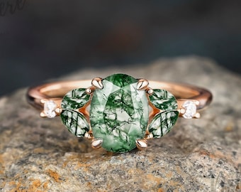 Oval Natura Moss Agate Engagement Ring Cluster Ring Solid 14K Rose Gold Unique Wedding Ring for Women Art Deco Anniversary Ring for Her Gift