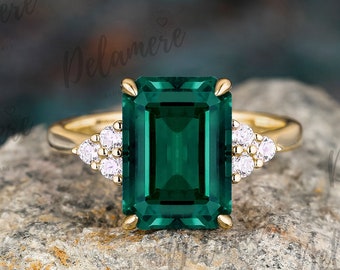 Emerald Cut Green Emerald Engagement Ring 14k Solid Yellow Gold Moissanite Cluster Ring Anniversary Gift For Her May Birthstone Promise Ring