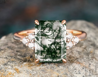 Vintage Emerald Cut Natural Green Moss Agate Engagement Ring Moissanite Cluster Rings for Women Silver Promise Anniversary Handmade Ring