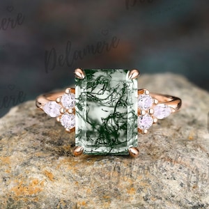 Vintage 925 Silver Emerald Cut Natural Green Moss Agate Engagement Ring Moissanite Cluster Rings for Women Promise Anniversary Gemstone Ring