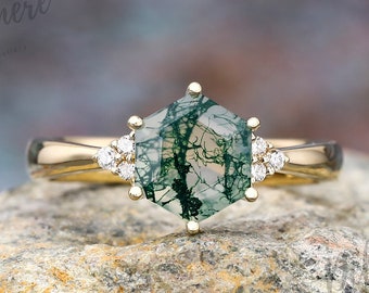 Hexagon Cut Moss Agate Engagement Ring Art Deco Yellow Gold Wedding Bridal Rings for Women Moissanite Cluster Ring Anniversary Promise Ring