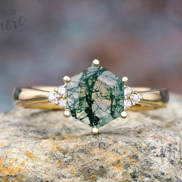 Hexagon Cut Moss Agate Engagement Ring Art Deco Yellow Gold Wedding Bridal Rings for Women Moissanite Cluster Ring Anniversary Promise Ring