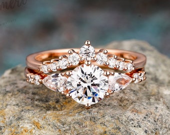 Round 1CT Moissanite Ring Vintage Moissanite Engagement Ring Set Solid Rose Gold Unique Stacking Ring Set Promise Bridal Wedding Ring Set