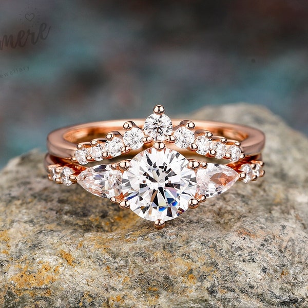 Round 1CT Moissanite Ring Vintage Moissanite Engagement Ring Set Solid Rose Gold Unique Stacking Ring Set Promise Bridal Wedding Ring Set