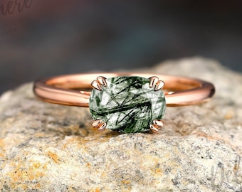 Anillo de cuarzo rutilado verde de corte ovalado, anillo minimalista solitario para mujer, regalo de aniversario, anillo de piedra preciosa de plata de ley 925 de doble punta