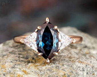 Marquise Cut Alexandrite Engagement Ring Moissanite Three Stone Ring Vintage Solid K Gold Bridal Rings Women Promise Anniversary Ring Women