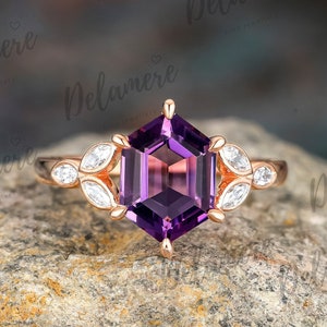 Hexagon Cut Natural Amethyst Engagement Rings Moissanite Solid Rose Gold Cluster Wedding Ring Bridal Ring Anniversary Gift Promise Ring