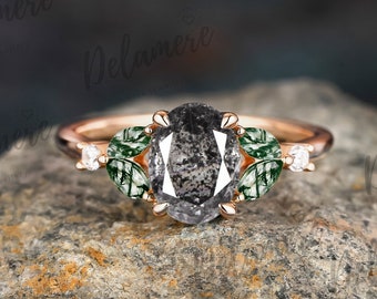 Natural Herkimer Diamond Engagement Ring Solid Gold Oval Shape Vintage Salt & Pepper Diamond Wedding Ring Art Deco Moss Agate Cluster Ring
