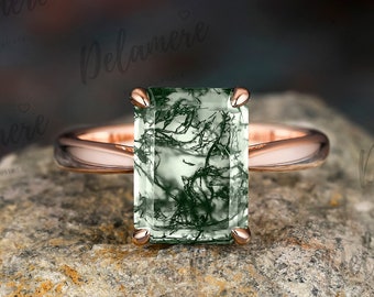 Emerald Cut 3.5ct Natural Moss Agate Engagement Ring Solid Gold Ring for Women Solitaire Gemstone Ring Promise Wedding Ring Anniversary Gift