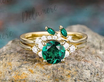 Round emerald engagement ring set vintage unique gemstone yellow gold anniversary ring women May birthstone wedding band Bridal Ring Sets