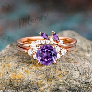 Unique Round Cut Natural Amethyst Engagement Ring Set Gemstone Promise ring For Her Cluster Ring Anniversary Art Deco Ring Bridal Sets Women