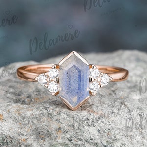 Hexagon Cut Natural Labradorite Engagement Ring Rose Gold Moissanite Cluster Ring Unique Silver Rings Promise Wedding Ring Gemstone Ring