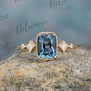 Cushion Cut Natural London Blue Topaz Engagement Ring Natural Diamond Solid Yellow Gold Blue Gemstone Ring Anniversary Ring Handmade Ring