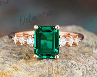 Unique Emerald Engagement Ring Solid Rose Gold Ring Vintage Green Gemstone Rings Women Anniversary Gift for Her Moissanite Wedding Ring