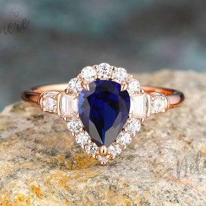 Pear cut Blue Sapphire engagement ring Dainty solid rose gold vintage ring Moissanite halo ring Bridal anniversary promise rings for women