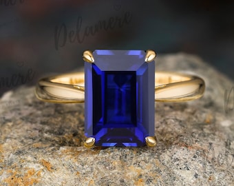 Emerald Cut Blue Sapphire Engagement Ring 14k Solid Yellow Gold Ring Solitaire Gemstone Wedding Ring Anniversary Gift Silver Minimalist Ring