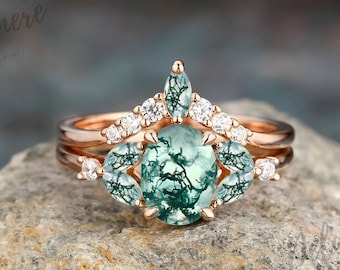 Oval Cut Green Moss Agate Engagement Ring Set Solid 14K Rose Gold Unique Wedding Rings for Women Art Deco Cluster Ring Bridal Set for Her