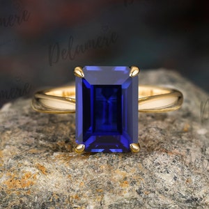 Emerald Cut Blue Sapphire Engagement Ring 14k Solid Yellow Gold Ring Solitaire Gemstone Wedding Ring Anniversary Gift Silver Minimalist Ring