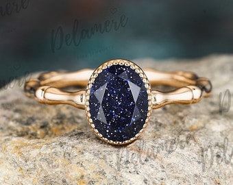 Oval Cut Blue Sandstone Ring 14K Solid Rose Gold Engagement Ring Art Deco Bamboo Ring Solitaire Ring Anniversary Gift Silver Ring For Women