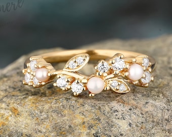 Natural Pearl Wedding Band Women Unique Moissanite Ring Vine Stacking Matching Ring Solid Yellow Gold Dainty Wedding Band Vintage Leaf Ring