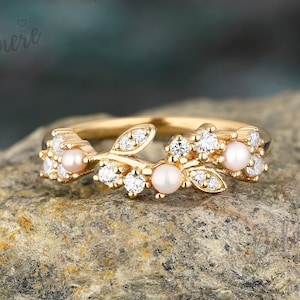 Natural Pearl Wedding Band Women Unique Moissanite Ring Vine Stacking Matching Ring Solid Yellow Gold Dainty Wedding Band Vintage Leaf Ring