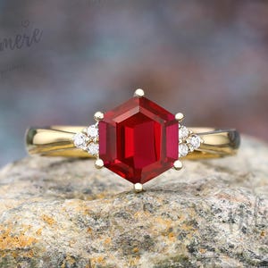 July birthstone anniversary ring for wife Hexagon cut red ruby engagement ring Red gemstone bridal ring Moissanite gold handmade jewelry