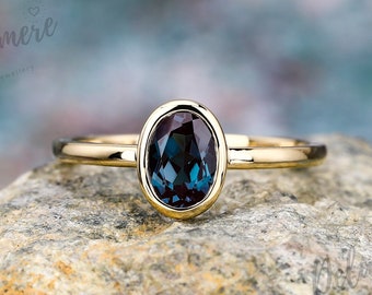 Oval Cut Alexandrite Engagement Ring Solid Yellow Gold Solitaire Ring Simple Minimalist Bezel Set Rings for Women Promise Anniversary Ring