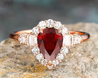 Pear Cut Red Ruby Engagement Ring Unique Rose Gold July Birthstone Ring Cluster Vintage Gemstone Bridal Ring Promise Ring Anniversary Gift