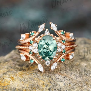 Oval Moss Agate Engagement Ring Set Unique 925 Sterling Silver Ring Set Vintage Double Marquise Moissanite Ring Emerald Bridal Set For Women