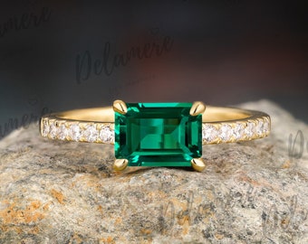 Emerald Cut Green Emerald Engagement Ring 14K Solid Yellow Gold Dainty Ring Moissanite Ring Anniversary Gifts Promise Ring Gemstone Ring