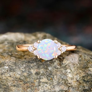 Round Opal Gold Engagement Ring 14K Solid Rose Gold Ring for Women Moissanite Cluster Anniversary Band Proposal Ring Wedding Jewelry For Her