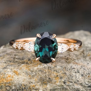 Ovale vorm natuurlijke groenblauw saffier verlovingsring massief roségouden ring Moissaniet clusterring verjaardagscadeaus handgemaakte ring voor vrouw