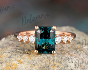 Emerald Cut Teal Sapphire Engagement Ring Rose Gold Blue Green Sapphire Rings for Women Gemstone Ring Anniversary Gift Silver Dainty Ring