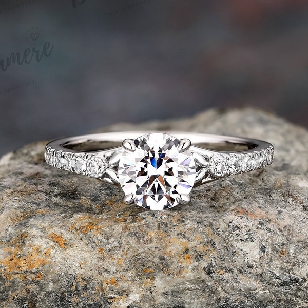 Classic Round Cut DF 1ct Moissanite Engagement Ring Solid White Gold Ring for Women Wedding Anniversary Band Proposal Ring Handmade Jewelry