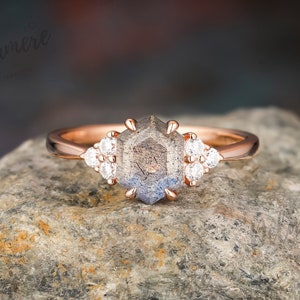 Unique Hexagon Cut Natural Labradorite Engagement Ring Art Deco Gemstone Ring 925 Sterling Silver Ring Moissanite Cluster Ring Handmade Ring