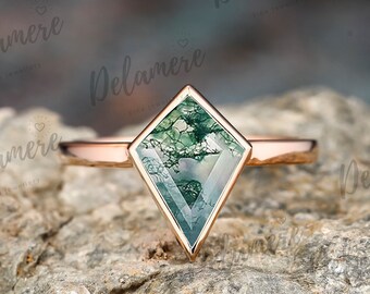 Vintage Kite Cut Natural Moss Agate Ring Solid 14k Rose Gold Minimalist Engagement Ring Solitaire Wedding Rings for Women Anniversary Gift