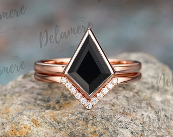 Kite Shape Natural Black Onyx Engagement Ring Set Rose Gold Ring Bridal Sets Anniversary Gifts Wedding Band Unique Silver Ring For Women