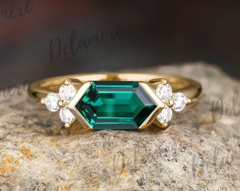Hexagon Cut Lab Green Emerald Engagement Ring 14k Solid Yellow Gold Ring For Her Anniversary Ring Green Gemstone May Birthstone Promise Ring