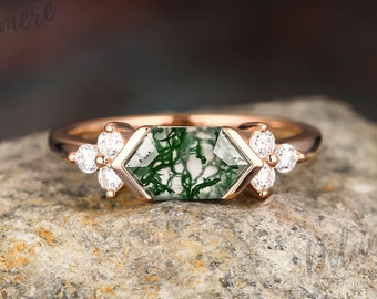 Vintage Natural Moss Agate Engagement Gold Ring Unique 925 Sterling Silver Dainty Rings For Women Anniversary Ring Handmade Gemstone Ring