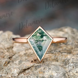 Vintage Kite Cut Natural Moss Agate Ring Solid 14k Rose Gold Minimalist Engagement Ring Solitaire Wedding Rings for Women Anniversary Gift