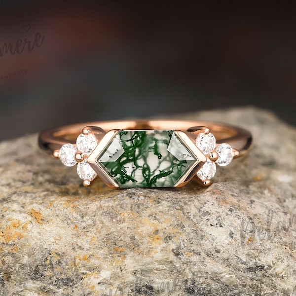 Vintage Natural Moss Agate Engagement Gold Ring Unique 925 Sterling Silver Dainty Rings For Women Anniversary Ring Handmade Gemstone Ring