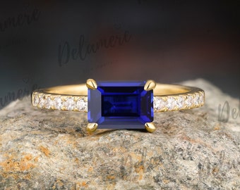 Emerald Cut Blue Sapphire Engagement Ring Solid Yellow Gold Ring Moissanite Ring Blue Gemstone Ring Dainty Silver Ring Anniversary Gifts