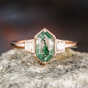 Solid Rose Gold Promise Ring Natural Moss Agate Engagement Ring Silver Moissanite Three Stone Rings for Women Anniversary Ring Handmade Ring